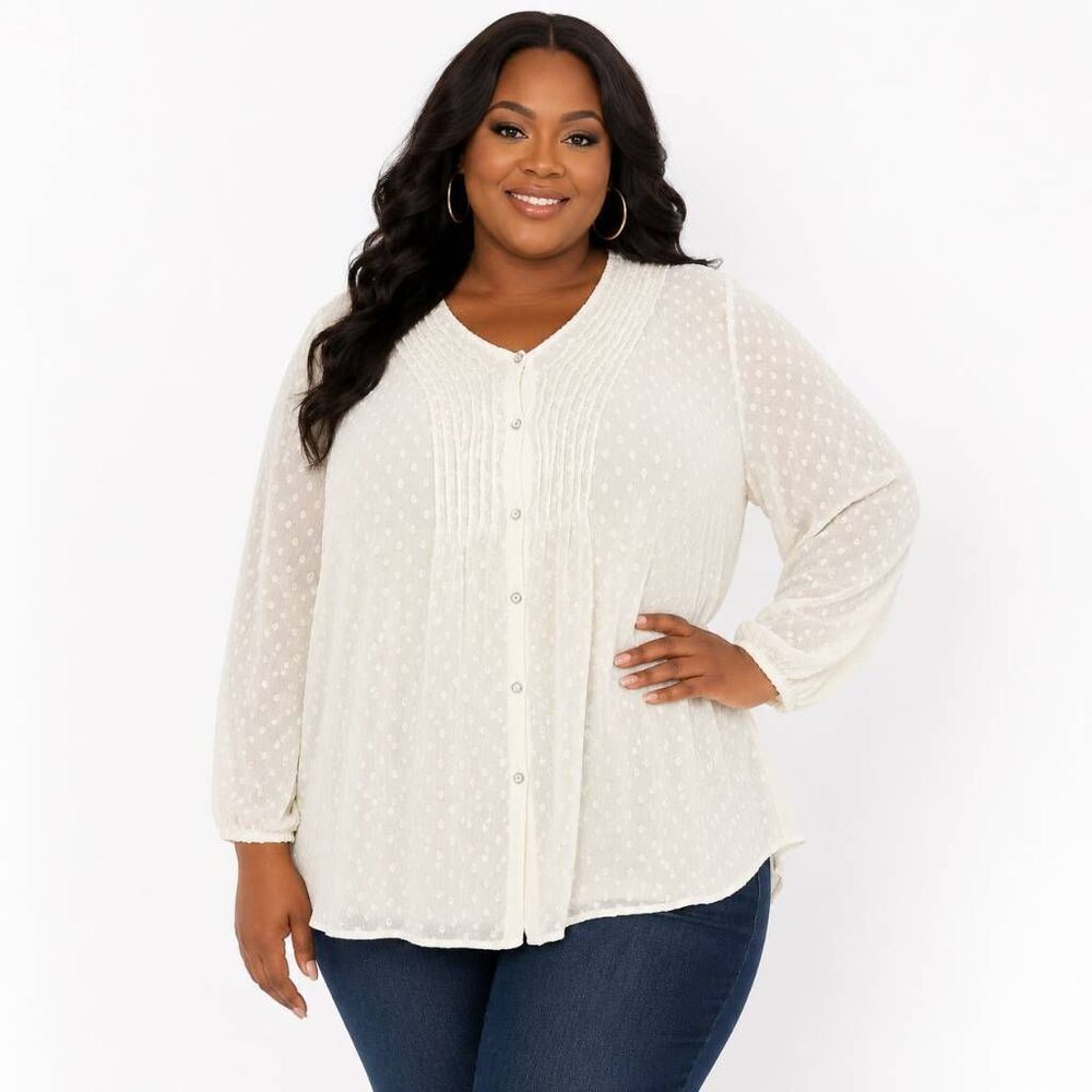 Denim 24/7 Plus 26W White Swiss Dot Pintuck Blouse
